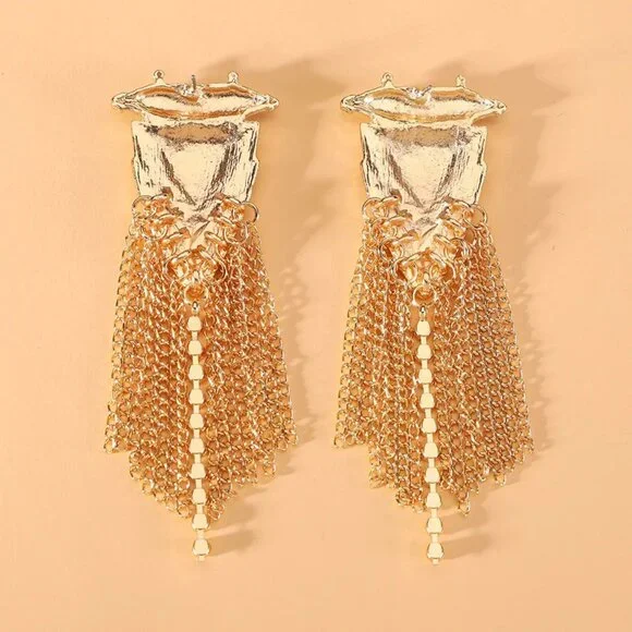 NEW Constantina Gold Shield Chain Drop Ornate Statement Earrings - Picture 4 of 5
